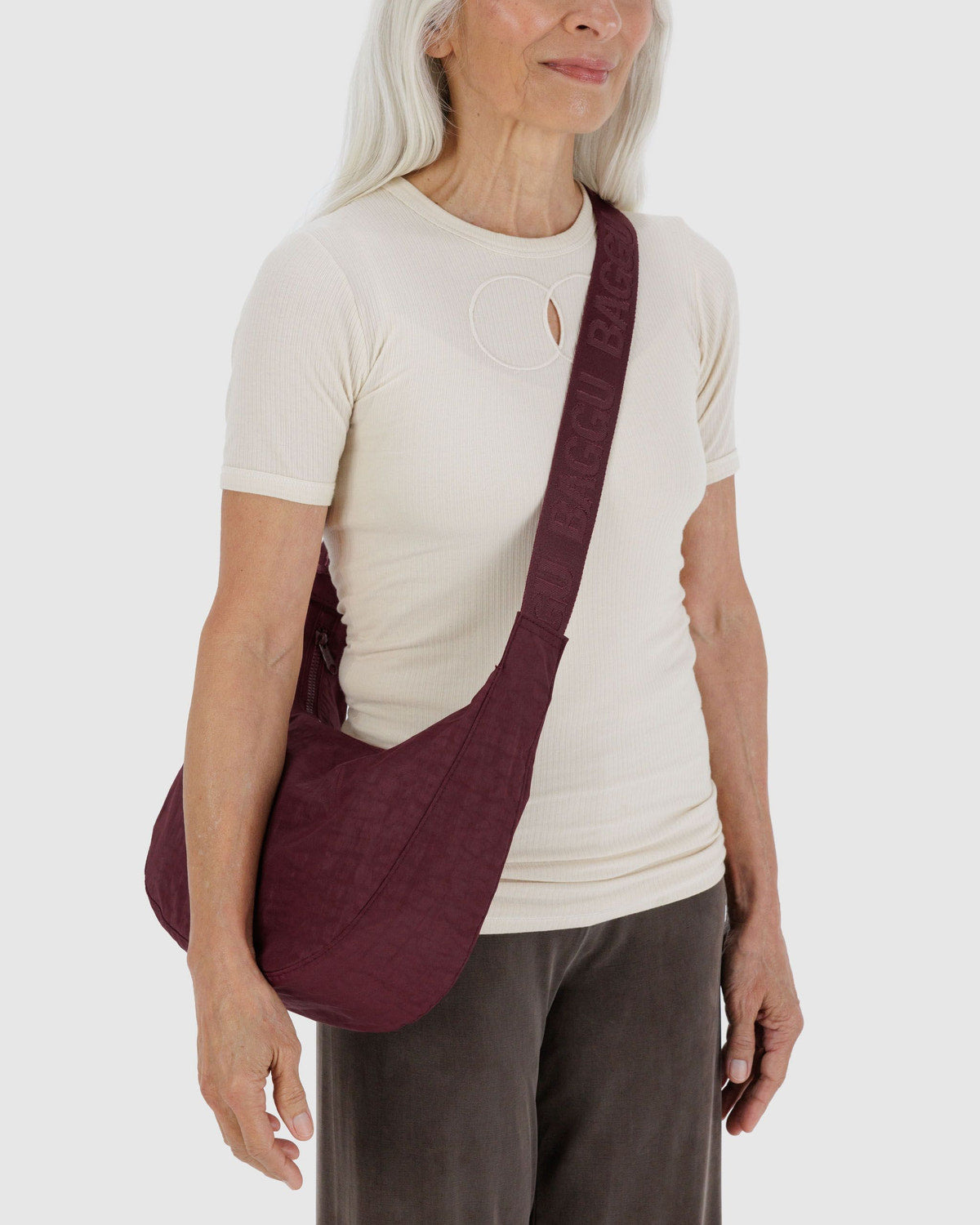 Medium Nylon Crescent Bag Mahogany